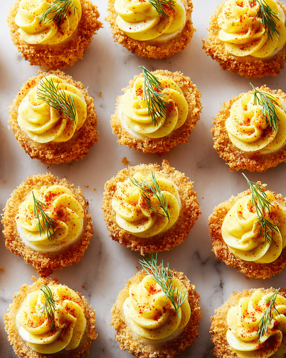 The image shows multiple deviled eggs arranged closely on a white marbled surface. Each egg has two layers: the bottom layer is a light golden, crumbly crust from the cooked egg white coated with breadcrumbs, and the top layer is a bright yellow, smooth, and creamy piped filling swirled into a rosette shape. The filling is sprinkled lightly with red paprika powder, and each egg half is garnished with a small fresh green dill sprig centered on top of the filling. The eggs are evenly spaced in rows, creating a neat and uniform look. photo taken with an iphone --ar 4:5 --v 7