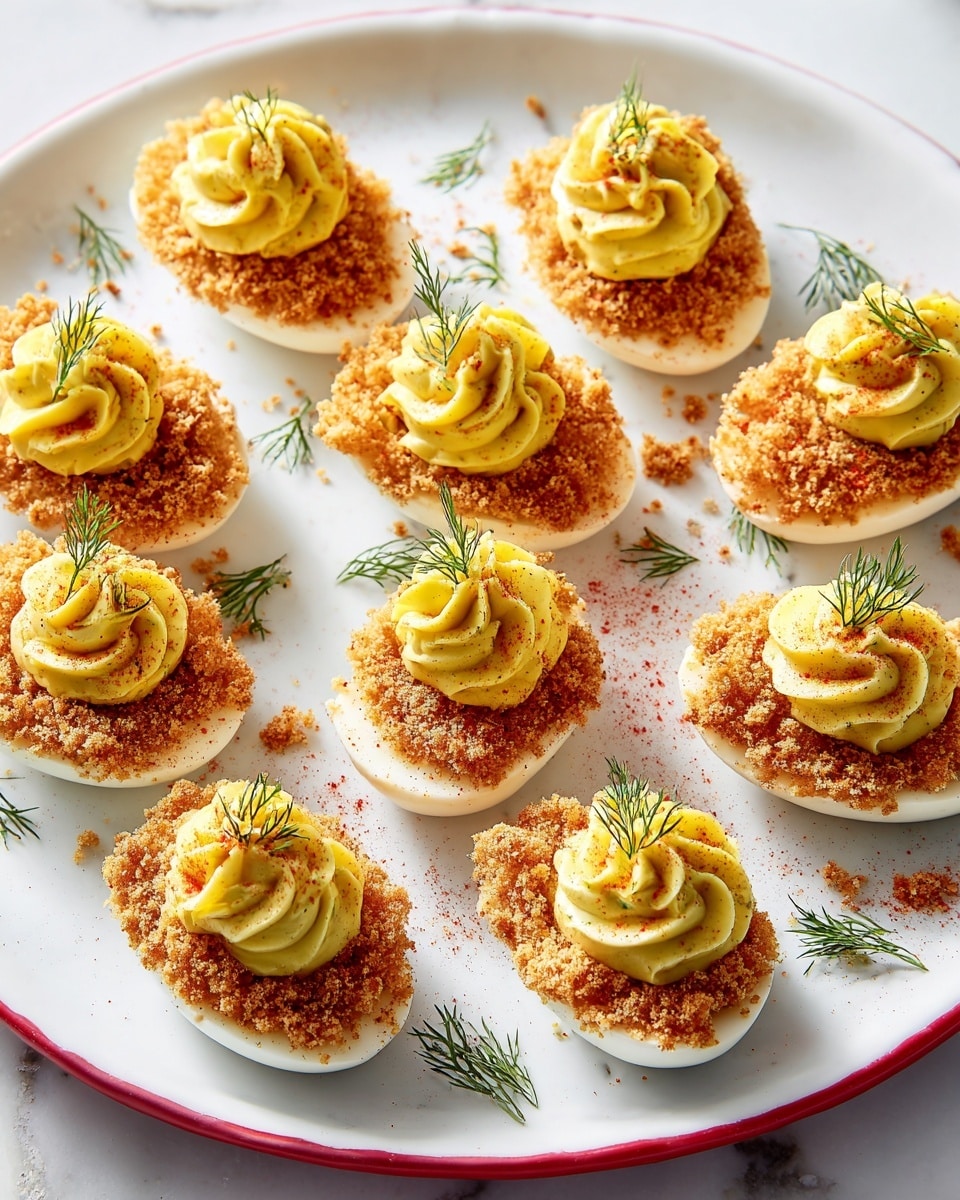 The dish shows 16 pieces of deviled eggs arranged neatly on a white plate with a red rim, placed on a white marbled surface. Each deviled egg has three visible layers: the base is a white egg half, followed by a light brown, crispy breadcrumb coating, and topped with a swirl of bright yellow creamy filling, sprinkled lightly with paprika, and garnished with a small green dill sprig. Small dill leaves are scattered around the plate for decoration. The overall look is clean and appetizing with a contrast between the creamy filling, crumbly coating, and fresh herb accents. photo taken with an iphone --ar 4:5 --v 7