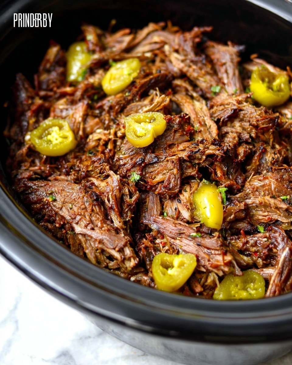 The image shows a pot filled with shredded brown meat mixed with small bits of herbs and spices, giving a textured and juicy look. Scattered on top and around the meat are bright yellow-green whole peppers adding contrast to the rich, dark brown color of the meat. The pot is black inside and the background is a white marbled texture. The meat looks tender and moist, with a mix of stringy and chunky pieces visible throughout the dish. Photo taken with an iphone --ar 4:5 --v 7