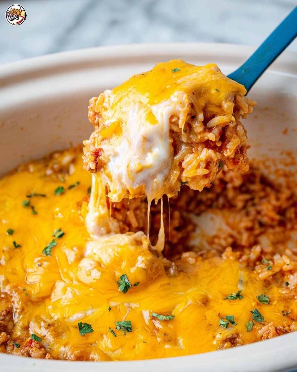 A close-up view of a white crockpot filled with a cheesy, layered dish. The top layer is melted golden yellow cheddar cheese with some white cheese melted on top, showing smooth and stretchy textures. Underneath, there are reddish-brown cooked rice grains mixed with small pieces of meat, topped with small green herbs scattered around. A blue spoon is scooping a portion from the pot, lifting the cheesy rice layers, showing the gooey, creamy texture of the cheese blending into the rice. The background shows a white marbled texture. Photo taken with an iphone --ar 4:5 --v 7