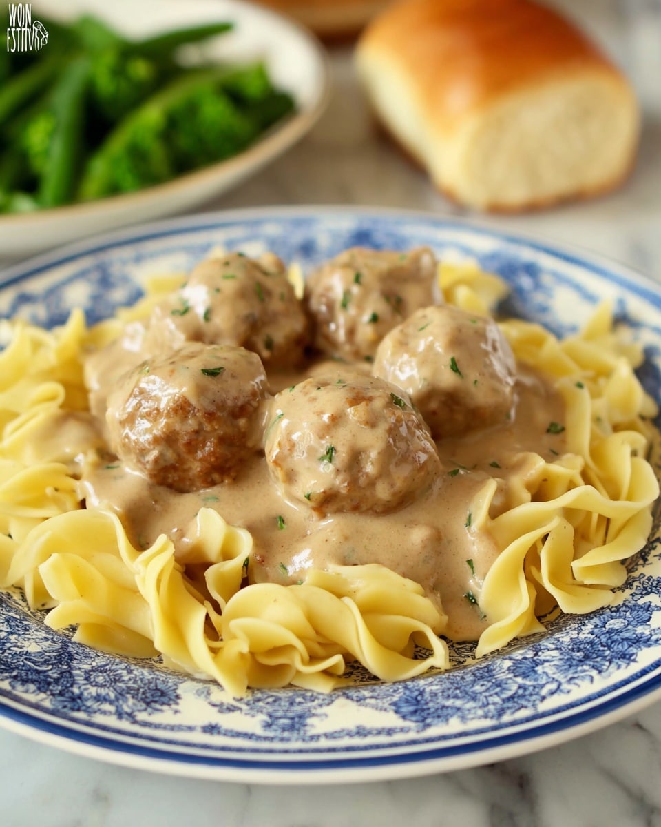 A white plate with a blue pattern holds a bed of light yellow egg noodles with a soft, curly texture forming the bottom layer. On top, there are several medium-sized round meatballs covered in a smooth, light brown creamy gravy that coats the meatballs evenly. In the background, there are green vegetables and a soft, golden brown roll, all set on a white marbled surface. photo taken with an iphone --ar 4:5 --v 7