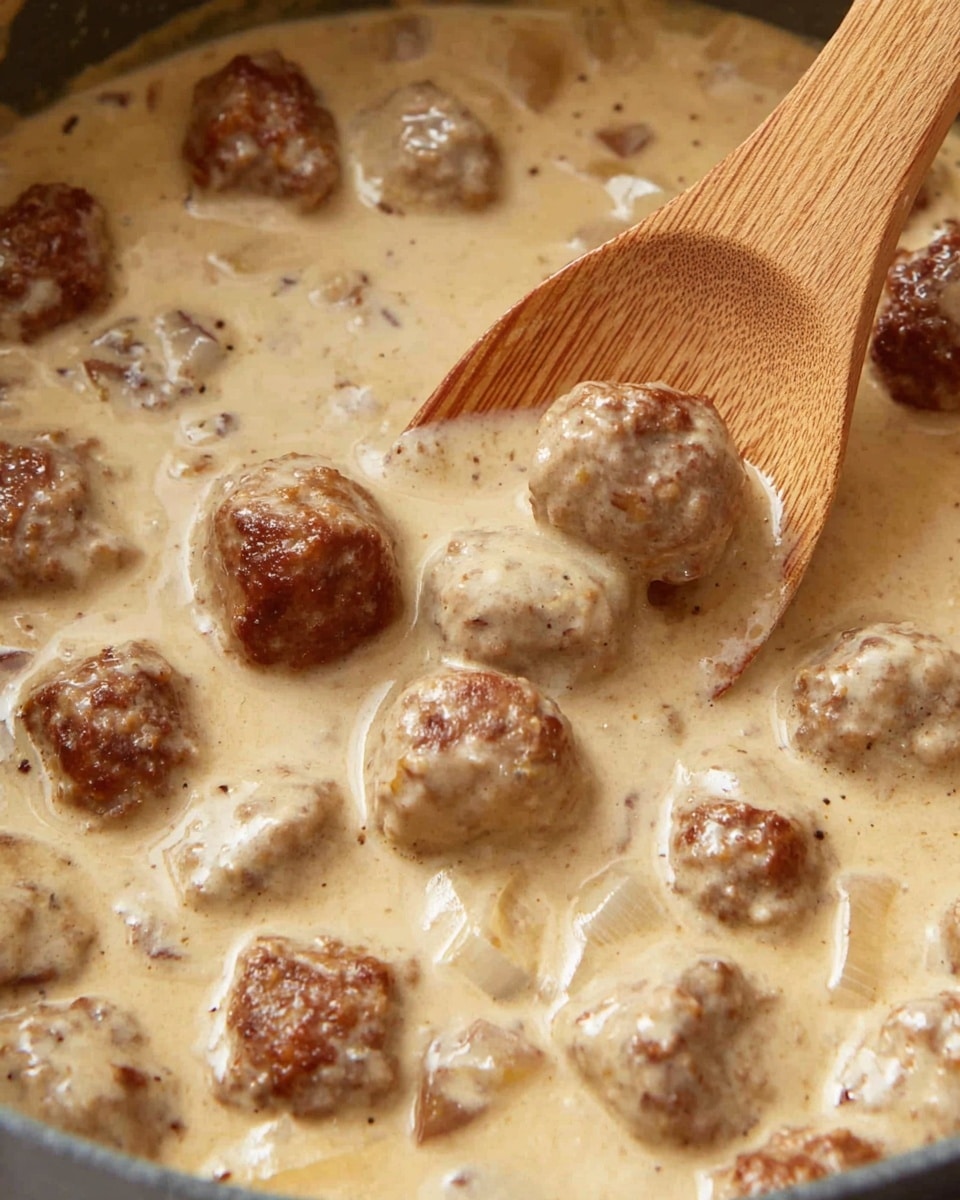 Close-up of a creamy beige sauce with small, browned meatballs evenly mixed in. The sauce looks smooth and thick with visible small chunks of onions or similar ingredients. A wooden spoon with visible grain is partially immersed in the sauce, lifting a few meatballs. The dish is set on a white marbled texture, creating a warm, comforting appearance. photo taken with an iphone --ar 4:5 --v 7
