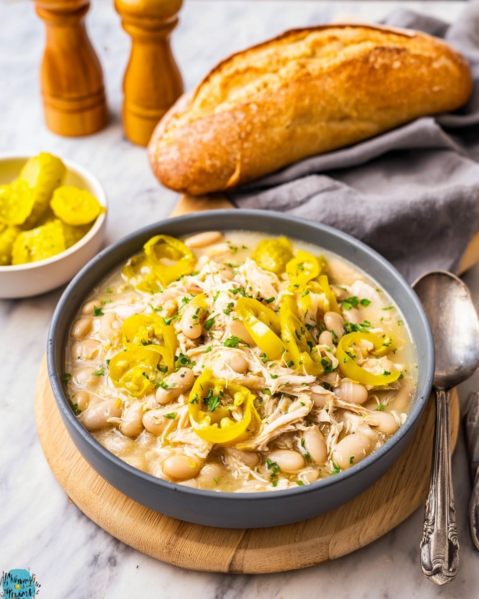 A gray bowl filled with a creamy white bean and shredded chicken stew, mixed with sliced yellow pepperoncini peppers, topped with whole yellow peppers and sprinkled with chopped green herbs. The bowl rests on a light wooden board, with a crusty golden bread loaf above it on a soft gray cloth, and a small white bowl of yellow pepperoncini peppers to the left. Wooden salt and pepper shakers sit behind the bowl on a white marbled surface. Photo taken with an iphone --ar 4:5 --v 7