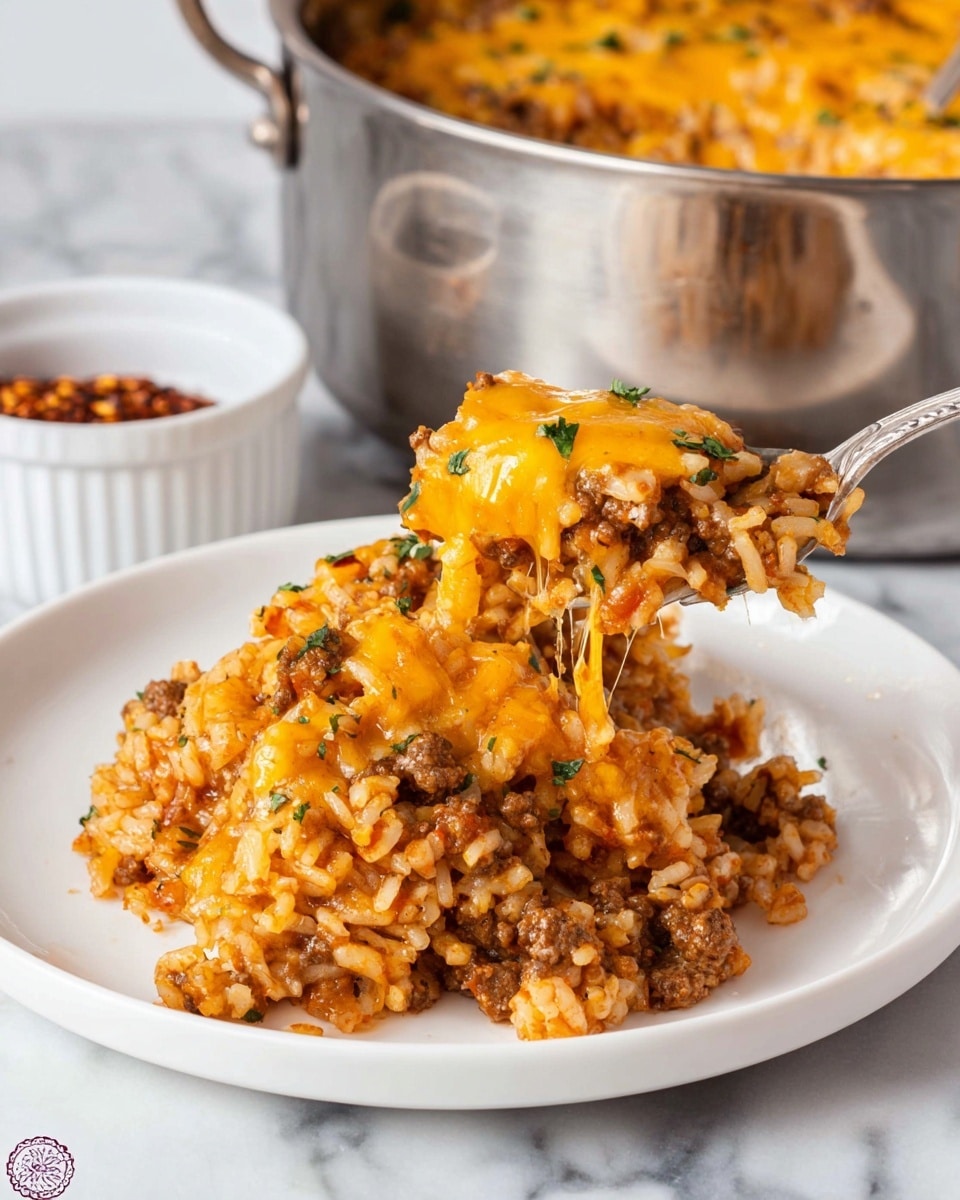 A white plate holds a serving of cheesy beef and rice mixture, with three visible layers. The bottom layer consists of soft cooked rice mixed with browned beef pieces, showing a reddish tint from a tomato-based sauce. The middle layer is melted bright yellow-orange cheddar cheese that strings and clings to the rice and beef. The top layer is garnished with small green herb flakes, scattered evenly. A vintage silver spoon is lifting some of the mix, showing a gooey texture and melty cheese stretch. The background features a large metal pot and a small white dish holding red chili flakes, all placed on a white marbled surface. photo taken with an iphone --ar 4:5 --v 7