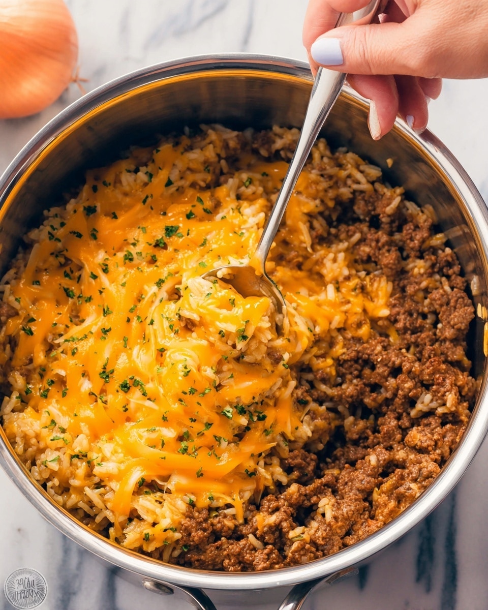 A large silver pot filled with a mixture that has three main layers: the bottom with cooked ground beef in dark brown, the middle layer showing soft, orange melted cheese spread unevenly, and the top layer sprinkled with small green herb pieces. A woman's hand holds a silver spoon inside the pot which stirs the mixture, capturing the texture of the cheese melting and mixing with the meat and rice. The background shows a white marbled texture with a slight glimpse of an onion blurred in the distance. photo taken with an iphone --ar 4:5 --v 7