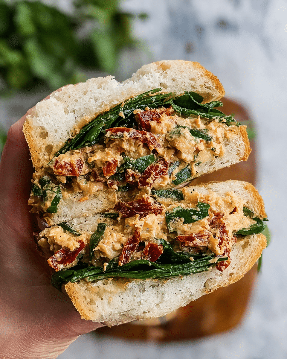 A close-up of a sandwich cut in half held by a woman's hand, showing three layers: the bottom layer is soft white bread with a fluffy texture, the middle layer has creamy spread mixed with sun-dried tomato pieces and fresh green spinach leaves, and the top layer is another slice of soft white bread. The fillings look moist and vibrant, and the background is a white marbled texture with blurred greenery. photo taken with an iphone --ar 4:5 --v 7