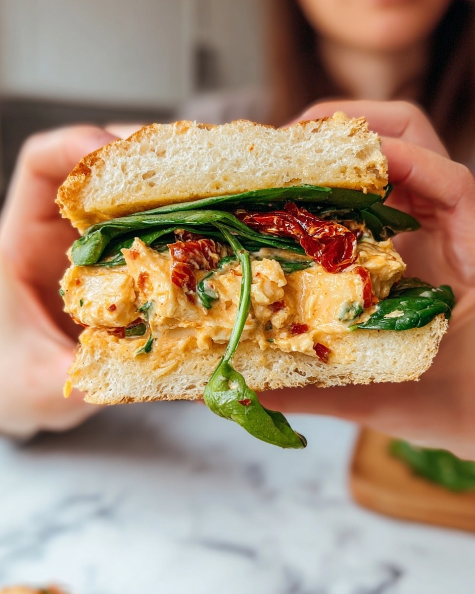 A close-up of a sandwich being held by a woman's hand, showing two layers of light toasted bread with a slightly crunchy texture. Inside, there is a layer of fresh green leafy spinach, a layer of creamy, orange-tinted filling that looks like a mixture of chicken and sauce, and pieces of red sun-dried tomatoes adding color and texture. A piece of spinach leaf is falling from the sandwich. The background is blurred, with a white marbled texture beneath the sandwich visible at the bottom. Photo taken with an iphone --ar 4:5 --v 7