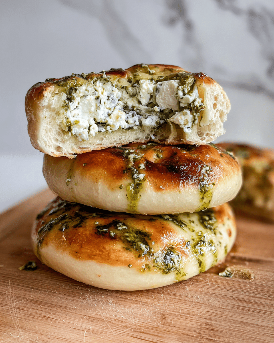 A stack of three fluffy, round breads sit on a wooden surface, each with drizzles of green herb sauce creating a glossy pattern on the golden-brown tops. The top bread is cut in half and stacked, showing two thick layers of white, crumbly cheese mixed with chopped green leafy herbs inside, contrasting with the soft, light beige dough encasing it. The bread has a slight crisp and char from cooking, with the herb sauce glistening on the surface. The background reveals a white marbled texture. photo taken with an iphone --ar 4:5 --v 7