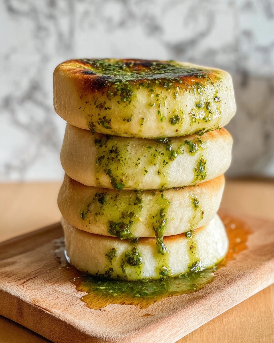 A stack of four thick, round, light beige bread pieces placed on a wooden board. Each bread piece is soft and slightly toasted on top. A shiny, vibrant green sauce with visible herb specks drips from the top piece down all the layers, pooling slightly on the board below. The background shows a blurred white marbled texture surface. photo taken with an iphone --ar 4:5 --v 7