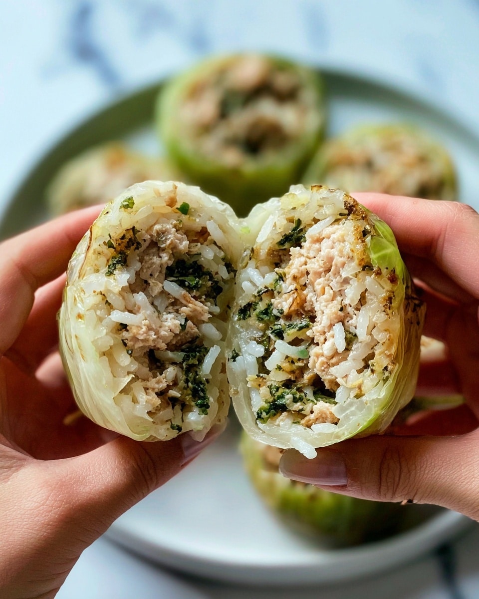A close-up of two halves of a stuffed round vegetable held by a woman's hand, showing a filling made of white rice, minced light brown meat, and green leafy herbs, wrapped by the translucent pale green layers of the vegetable. The halves display a neat, dense filling with visible grains of rice and bits of herbs and meat evenly mixed. In the blurred background, there are more stuffed vegetables placed on a white plate with a white marbled surface beneath. The image has a clear, bright look with natural lighting. photo taken with an iphone --ar 4:5 --v 7