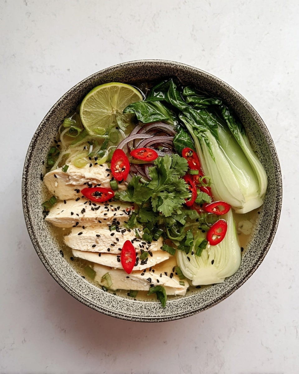 The image shows a bowl of noodle soup with clear broth at the base, topped with sliced cooked chicken breast in pale white and light brown tones, placed on the left side. On the right, there are light green baby bok choy and some thinly sliced purplish-red onions. Bright red chili slices are scattered over the chicken and vegetables along with green herbs like cilantro in the center. Black sesame seeds are sprinkled across the surface, and a wedge of lime with a green rind and pale yellow inside rests near the onions. The bowl is a textured grayish stoneware placed on a white marbled surface. Photo taken with an iphone --ar 4:5 --v 7