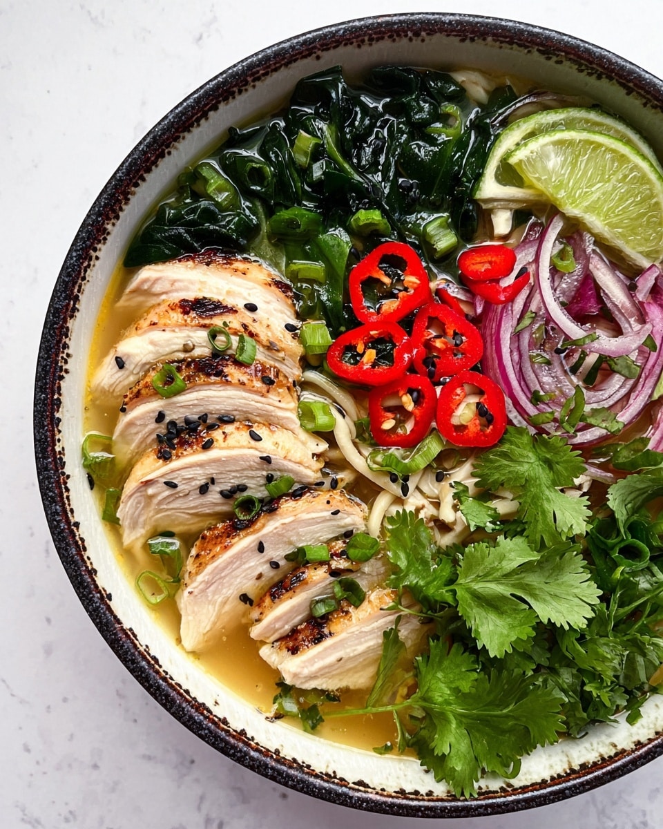 A bowl of soup with five slices of cooked white chicken breast arranged in a curved line on the left side, over a base of pale yellow broth with noodles barely visible beneath. On the bottom left, there is a dark green leafy vegetable, possibly spinach, with a glossy look. Bright red slices of chili are scattered on top of the chicken and greens, along with finely chopped light green onions. On the upper right side, partially submerged, are thin slices of purple onion and a wedge of lime. A bunch of fresh cilantro with jagged green leaves sits near the center right, and small black sesame seeds are sprinkled across the surface. All ingredients are in a white bowl with a rustic dark rim, placed on a white marbled surface. photo taken with an iphone --ar 4:5 --v 7