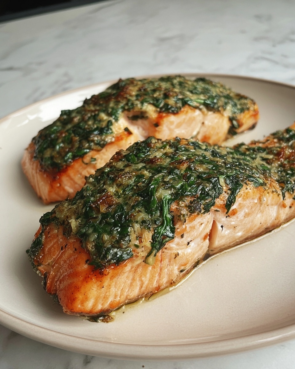 Two pieces of cooked salmon fillets sit on a white plate; each fillet is topped with a thick layer of green spinach and herb mixture that looks roasted and slightly crispy. The salmon beneath is orange-pink with a glistening, moist texture and slight browning on the edges. The plate rests on a white marbled surface. photo taken with an iphone --ar 4:5 --v 7