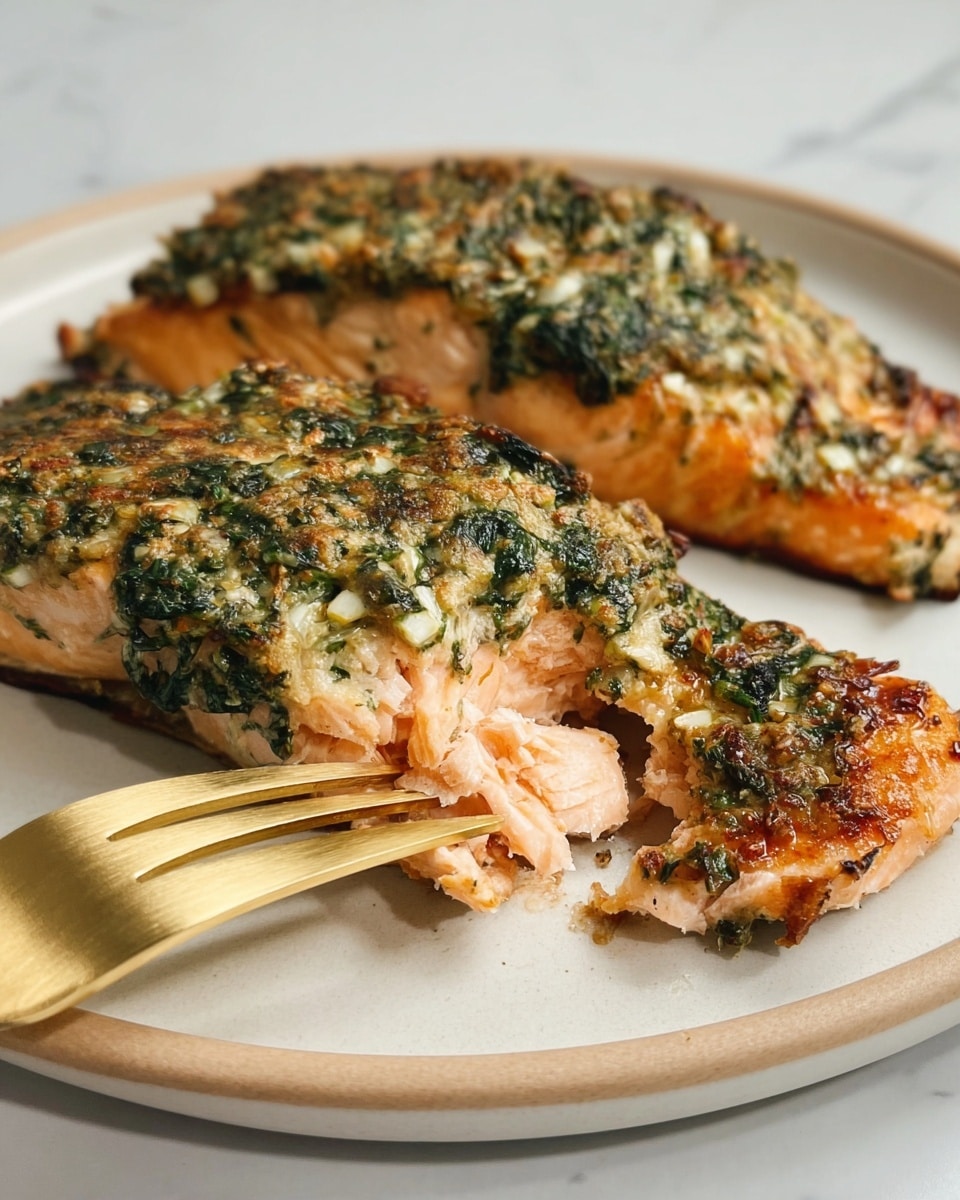 Two cooked salmon fillets are placed on a white plate with a subtle beige rim, sitting on a white marbled surface. Each fillet has two layers: the bottom layer is tender, light orange salmon with slightly crispy edges, and the top layer is a golden-brown herb and spinach crust, showing green leaves and small white pieces. A gold fork is pressing into the front salmon, breaking the surface to reveal the soft pink fish inside. The overall texture contrasts between the moist fish and the crispy green topping. Photo taken with an iphone --ar 4:5 --v 7
