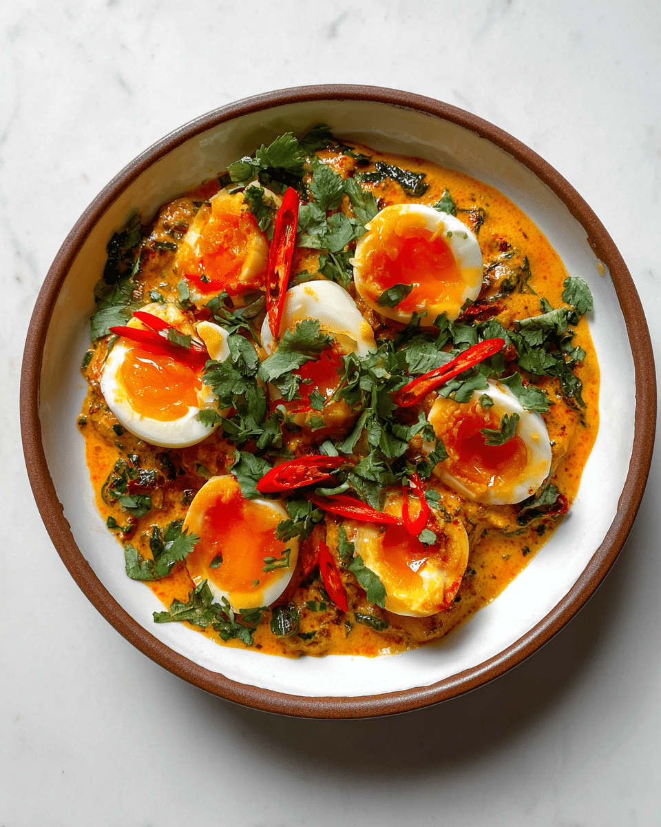 A white bowl with a brown rim holds a dish featuring a base layer of creamy, thick orange sauce with visible herbs and spices mixed throughout. On top, there are five halved eggs with soft, glossy yolks that are bright orange and slightly runny, surrounded by firm, white egg whites. Red chili slices and chopped fresh green cilantro leaves are scattered generously over the eggs and sauce, adding vibrant red and green colors and fresh textures. The dish is set on a white marbled surface. photo taken with an iphone --ar 4:5 --v 7
