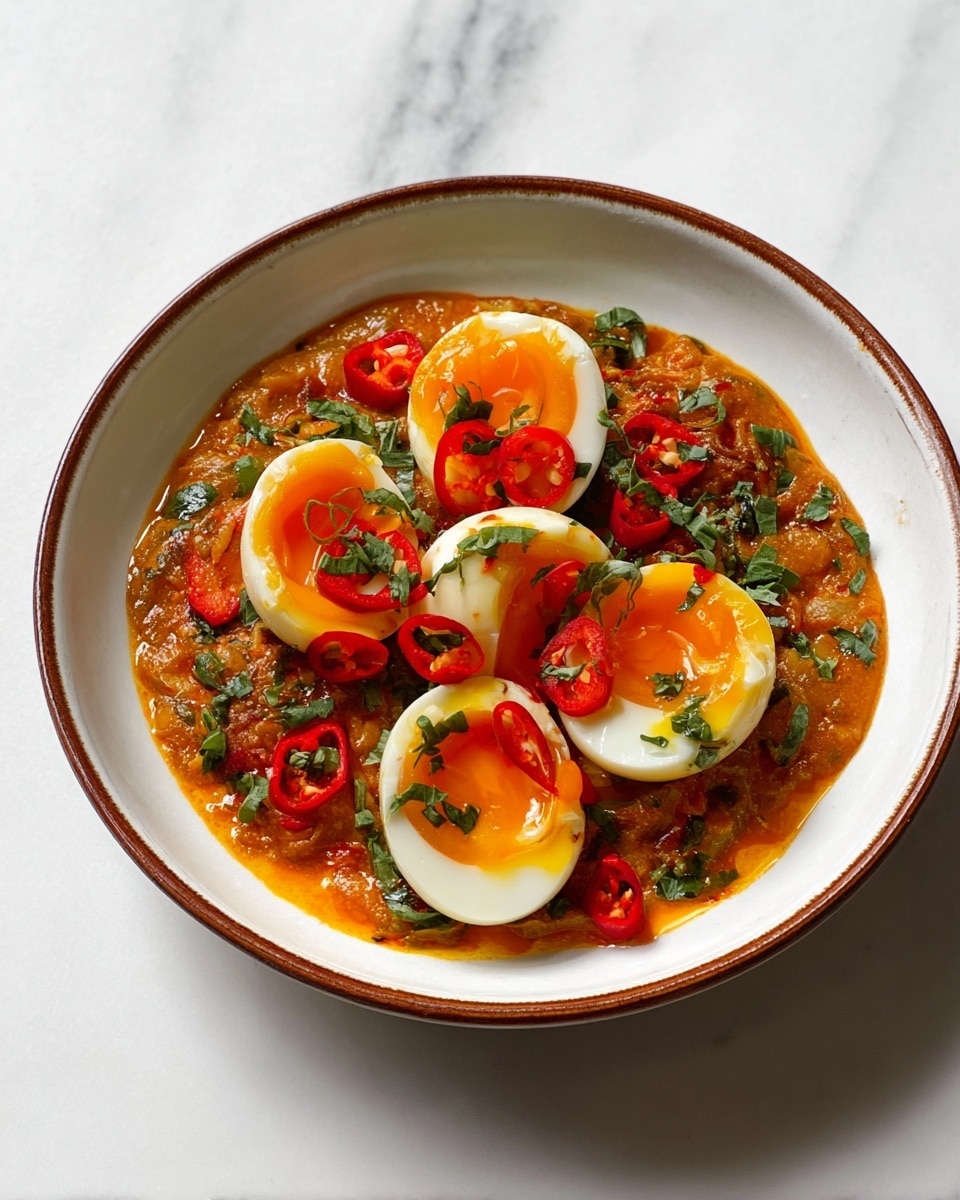 A white bowl with a brown rim holds a dish consisting of four halved soft-boiled eggs with bright orange runny yolks placed on top. Below the eggs is a thick, rich orange sauce with a slightly rough texture. Sliced red chili peppers and chopped green herbs are scattered evenly around and on top of the eggs and sauce, adding vibrant red and green colors. The bowl is set on a white marbled surface. photo taken with an iphone --ar 4:5 --v 7