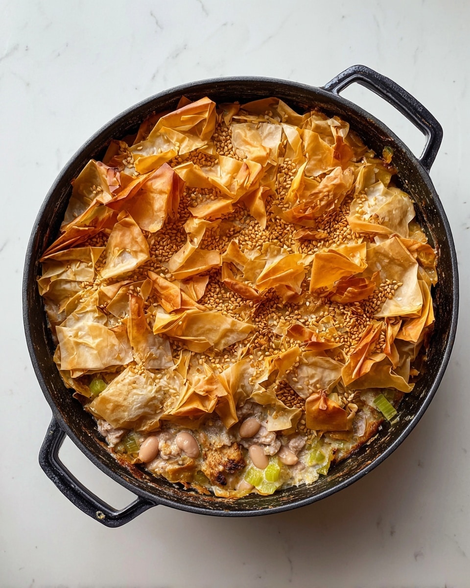 The image shows a round black cast iron pot with two handles, filled with a layered dish. The top layer features crumpled, golden-brown baked phyllo dough pieces sprinkled with toasted sesame seeds, creating a textured and crispy surface. Beneath this, visible on one side, is a creamy mixture with beans, chunks of light brown meat, and pieces of green celery, showing a mix of soft and chunky textures and earthy colors. The pot is placed on a white marbled surface. photo taken with an iphone --ar 4:5 --v 7