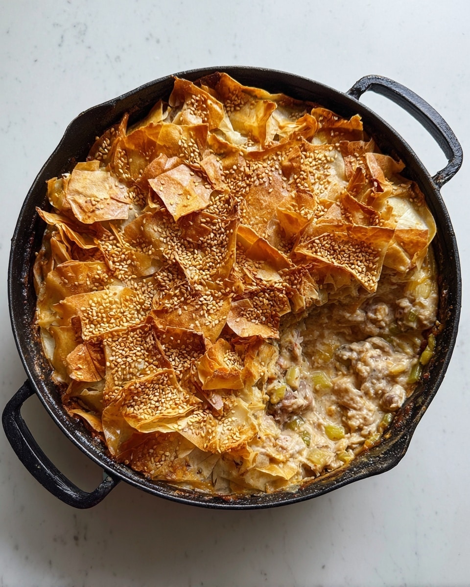 This dish is served in a black cast iron pan placed on a white marbled surface. It has about two main visible layers: the bottom layer is a creamy, chunky mix with beige and light brown colors, containing bits of beans and vegetables like celery, giving it a textured look. The top layer is made of golden-brown, crumpled, thin pastry sheets sprinkled with light brown sesame seeds, covering about two-thirds of the dish, with part of the creamy layer showing in one section. The contrast between the crispy, golden top and the soft, creamy bottom creates a rich, textured visual. Photo taken with an iphone --ar 4:5 --v 7