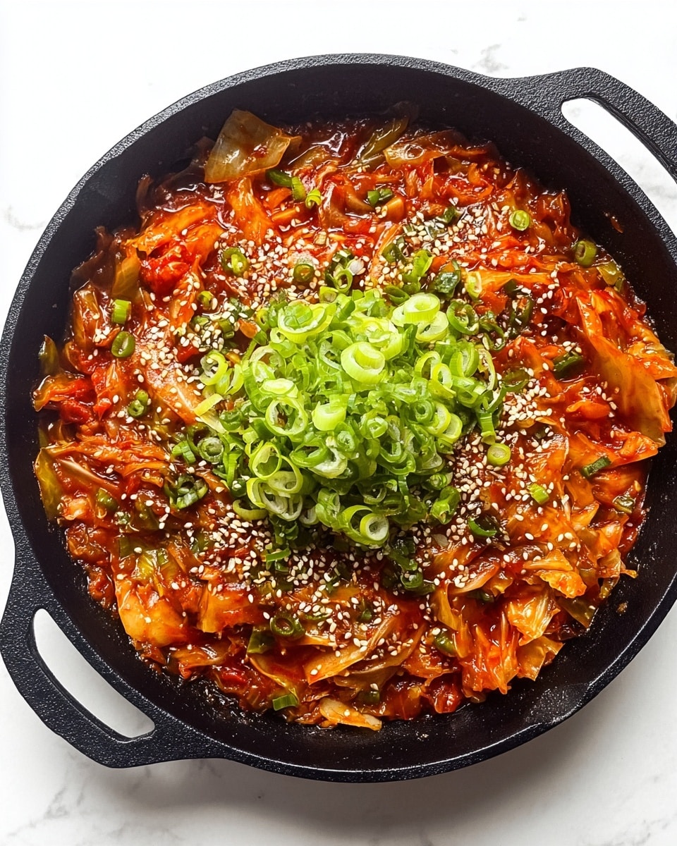 A black cast iron pan filled with a vibrant red-orange sauce mixed with chopped vegetables like cabbage and green onions, all coated in the thick sauce. On top, there is a bright pile of thinly sliced green onions, and the dish is sprinkled with small white sesame seeds all over. The pan sits on a white marbled textured surface, showing some steam rising from the hot food. photo taken with an iphone --ar 4:5 --v 7