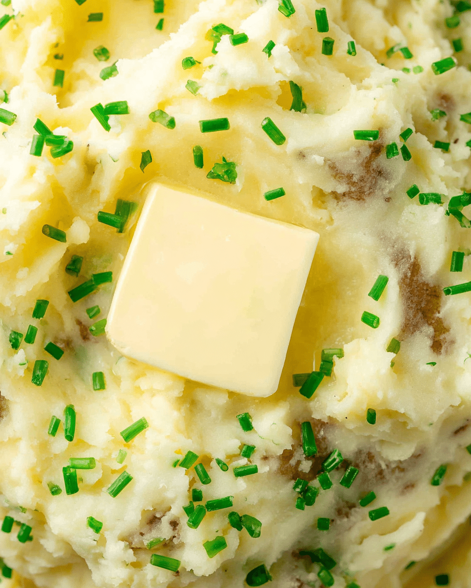 A close-up view of creamy mashed potatoes with visible small patches of potato skin showing through the soft yellowish-white mash, topped with a single square of melting pale yellow butter placed in the center, and sprinkled evenly with bright green chopped chives, all set against a white marbled texture. photo taken with an iphone --ar 4:5 --v 7