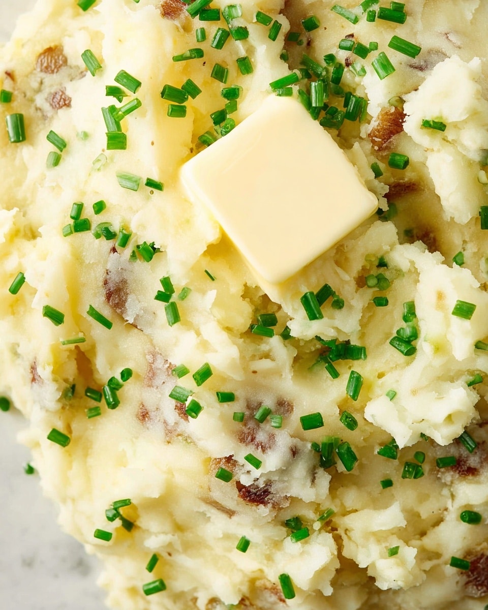 A close-up view of mashed potatoes showing a creamy texture mixed with pieces of potato skin scattered throughout, giving it a rustic look; on top sits a smooth, slightly melting square of pale yellow butter, and bright green chopped chives are sprinkled evenly over the surface, adding a fresh pop of color; the mashed potatoes are placed against a white marbled textured background. photo taken with an iphone --ar 4:5 --v 7