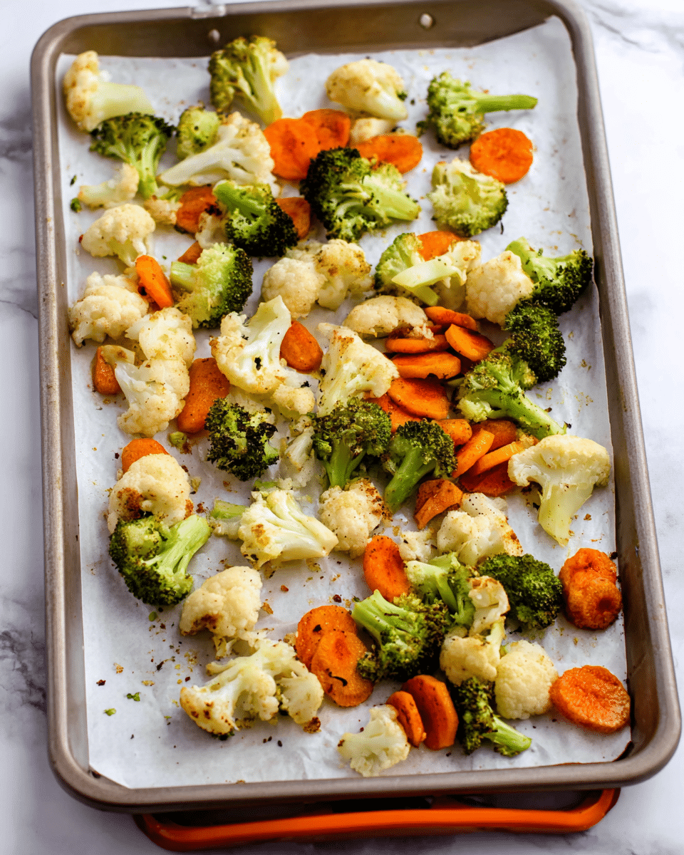 The image shows a single layer of roasted mixed vegetables spread out on a baking tray lined with white parchment paper. The vegetables include bright green broccoli florets, light off-white cauliflower pieces, and round orange crinkle-cut carrot slices. The edges of some vegetables have a slight brown roast, giving them a textured look with spots of blackened seasoning. The baking tray is metal with a visible corner and an orange silicone grip on one handle. The tray is placed on a white marbled surface. photo taken with an iphone --ar 4:5 --v 7