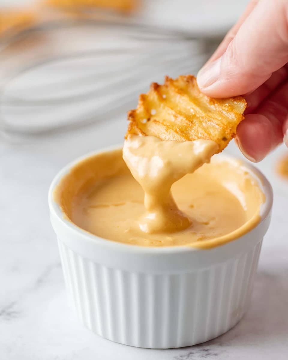 A close-up shot shows a woman's hand holding a golden, crispy waffle-cut fry being dipped halfway into a small clear glass bowl filled with thick, creamy, light orange dipping sauce with tiny black specks. The inside of the bowl contains a smooth sauce that slightly clings to the fry. The bowl is placed on a white marbled surface. photo taken with an iphone --ar 4:5 --v 7