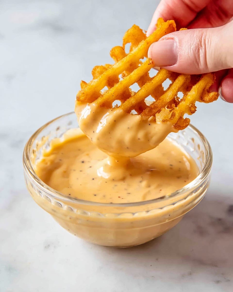 A close-up view of a white ramekin filled with smooth, creamy, light tan cheese sauce. A golden, crispy waffle-style potato chip is being held by a woman’s hand and dipped halfway into the sauce, with the sauce thickly coating the chip and dripping slightly. The background is a soft white marbled texture and there is a blurry whisk visible in the back. photo taken with an iphone --ar 4:5 --v 7