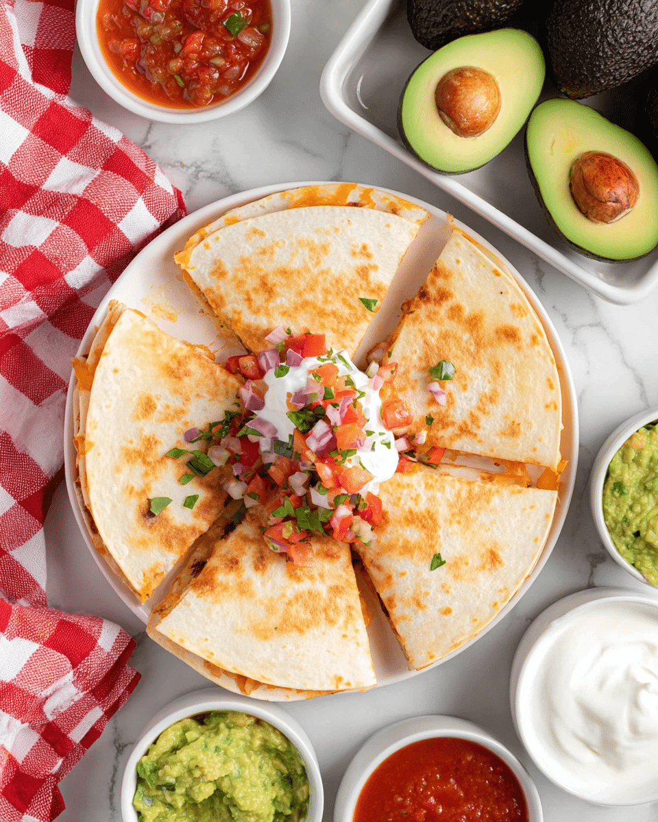 A white plate holds a quesadilla cut into six triangle pieces, showing a light golden-brown toasted flour tortilla outer layer with a smooth texture. The top has a dollop of white sour cream layered with a colorful pico de gallo made of finely chopped red tomatoes, green peppers, purple onions, and bits of cilantro in the center. Surrounding the plate are small white bowls filled with chunky green guacamole, bright red salsa, extra sour cream, and more pico de gallo. In the upper right corner, a white tray contains halved and whole avocados with dark green, bumpy skin and bright green creamy inside with a brown seed. A red and white checkered cloth is partly visible on the top left side, all set on a white marbled surface. Photo taken with an iphone --ar 4:5 --v 7