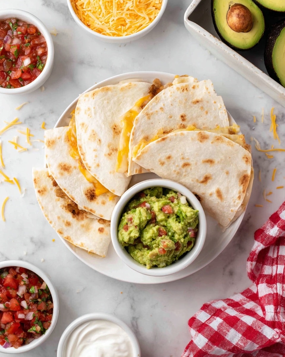 A white round plate holds five folded quesadilla pieces arranged in a fan shape, showing slightly browned, soft white tortillas with a glimpse of melted yellow cheese inside. In the center of the plate, there is a small white bowl filled with chunky green guacamole mixed with bits of tomato, onion, and herbs. Around the plate, on a white marbled surface, are small white bowls containing salsa with chopped tomatoes and peppers, and creamy white sour cream. Part of a white tray with whole and halved avocados sits in the top right corner, and a red and white checkered cloth is draped to the left. Scattered shredded cheese adds detail to the setting. photo taken with an iphone --ar 4:5 --v 7