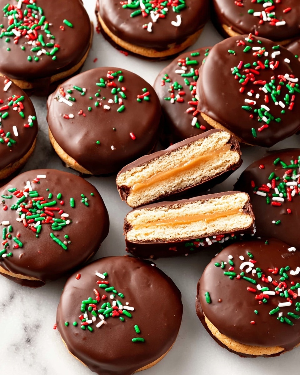 A stack of five chocolate-covered round cookies stands tall on a white marbled surface, each cookie layered with three thin light tan cracker layers separated by two smooth peanut butter layers inside. The top cookie has a bite taken out, showing the crunchy cracker and creamy peanut butter filling. The chocolate coating is dark and slightly shiny, with some flakes of salt scattered on top. Around the stack, there are a few chocolate chips and cookie crumbs. In the background, two clear glass bottles of milk add a soft white contrast. photo taken with an iphone --ar 4:5 --v 7