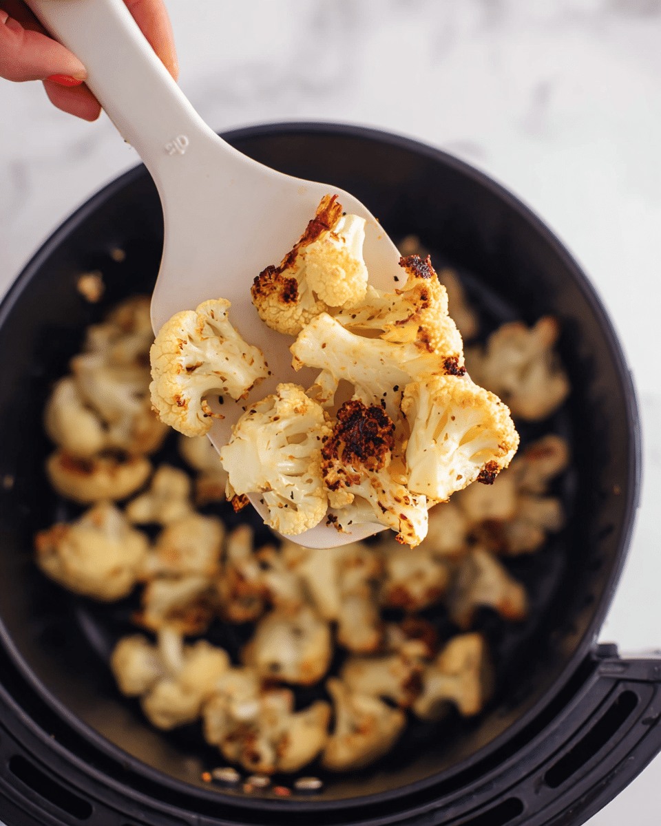 The image shows a close-up of roasted cauliflower florets that are light golden with a few dark brown charred spots, held on a white spatula above a black air fryer basket filled with more roasted cauliflower pieces. The cauliflower pieces have a rough and slightly crispy texture, and the spatula is held by a woman's hand near the top left corner. The basket sits on a white marbled surface that is softly blurred in the background, focusing attention on the roasted cauliflower. photo taken with an iphone --ar 4:5 --v 7