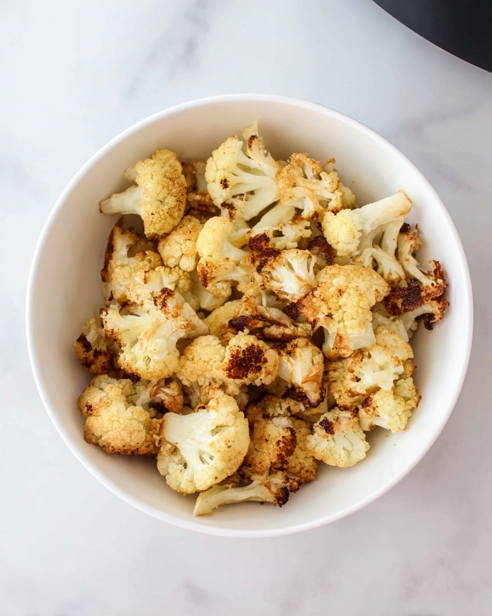 A white bowl filled with one layer of roasted cauliflower florets, showing a mix of light golden yellow and browned crispy edges. The florets vary in size, some with slightly charred spots and a rough, uneven texture. The bowl is placed on a white marbled surface, giving a clean and bright look. photo taken with an iphone --ar 4:5 --v 7
