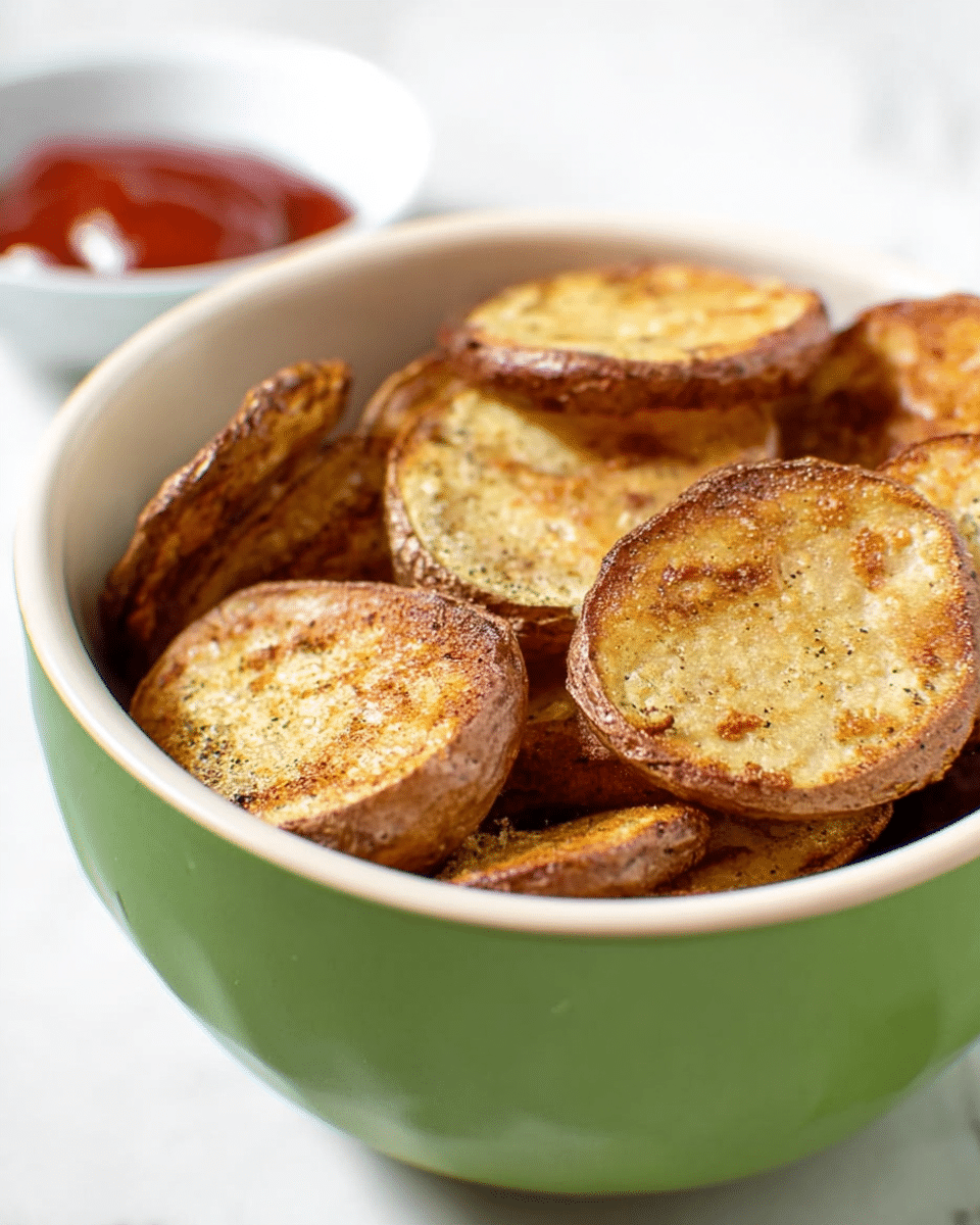 A close-up view of a bowl filled with several thick slices of roasted potatoes with a crispy, golden-brown surface and a lightly textured skin. The bowl is white on the inside and green on the outside. In the background, a white bowl holds a small amount of ketchup. The scene is set on a white marbled surface. Photo taken with an iphone --ar 4:5 --v 7