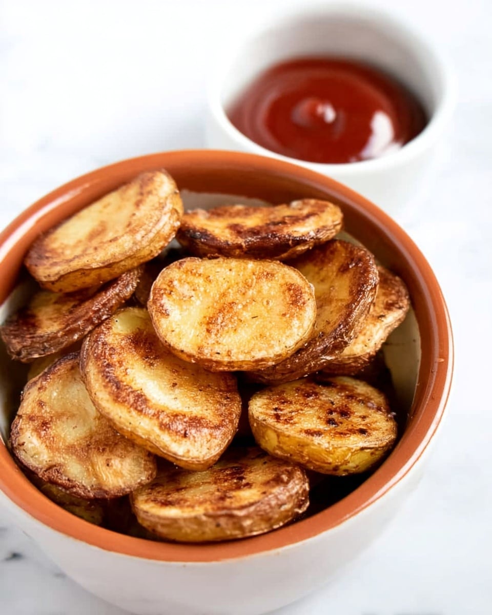 The image shows a white ceramic bowl filled with round, grilled potato slices that have a golden-brown color and slight charring on their surfaces, giving them a crispy texture. The potato slices are stacked loosely inside the bowl, revealing some edges and thickness. Next to the bowl, there is a small white bowl with smooth, glossy ketchup in a rich red color. The background features a white marbled texture that highlights the food clearly. photo taken with an iphone --ar 4:5 --v 7