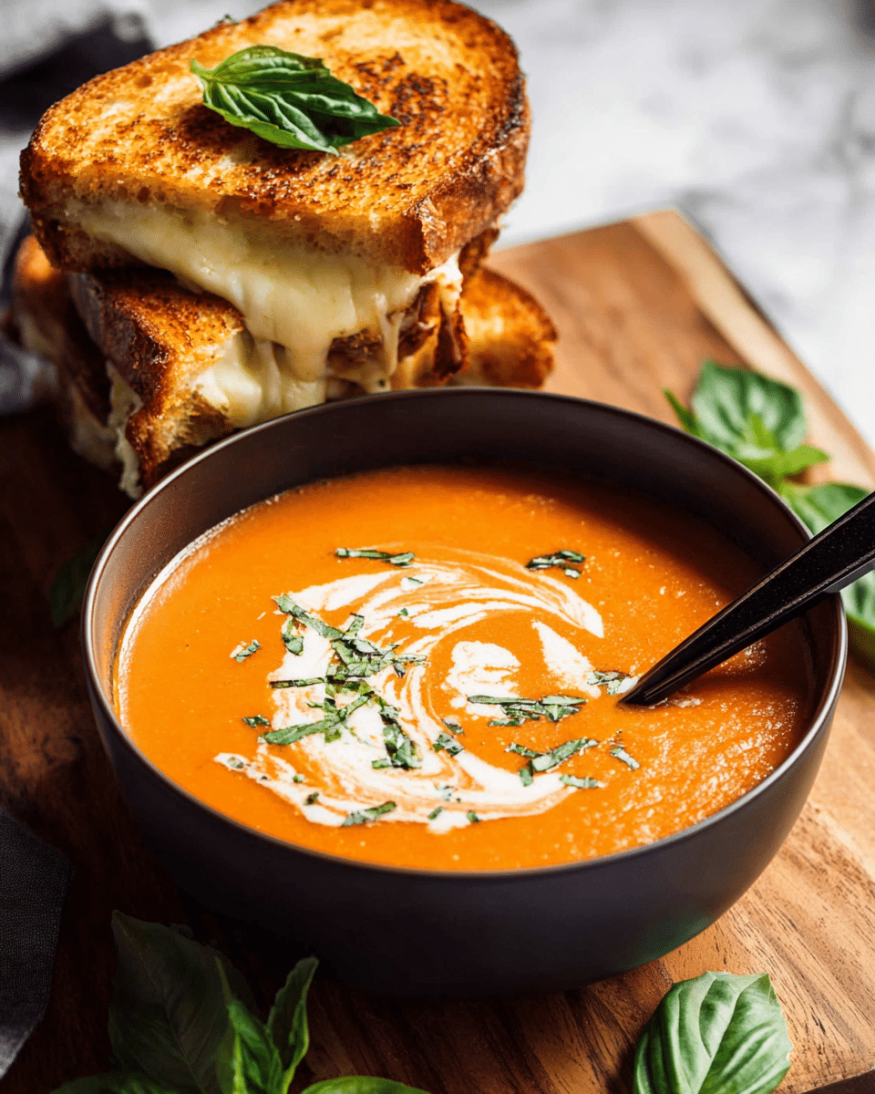 A dark bowl filled with smooth orange tomato soup topped with a swirl of white cream and chopped green herbs, with a basil leaf resting on the edge, a black spoon partially submerged. Behind the bowl, two golden brown grilled cheese sandwich halves stacked, with melted cheese stretching slightly between the crispy toasted white bread, topped with a fresh green basil leaf. The bowl and sandwiches sit on a wooden board on a white marbled surface, with extra green basil leaves on the side. Photo taken with an iphone --ar 4:5 --v 7