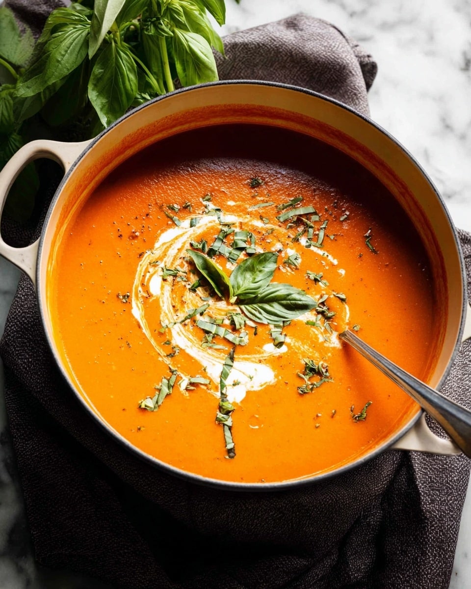 A white large pot filled with smooth bright orange tomato soup, topped with a swirl of white cream in the center. Fresh green basil leaves and finely chopped herbs are sprinkled on top, adding pops of green. A silver spoon rests inside the soup near the right side of the pot. In the upper left corner, some fresh green basil leaves hang down. The pot sits on a dark gray cloth over a white marbled surface. Photo taken with an iphone --ar 4:5 --v 7