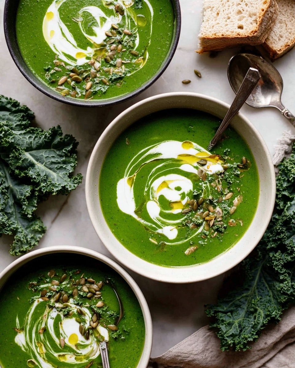 Three bowls of thick green soup are shown from above, set on a white marbled surface with some kale leaves and a piece of bread on the side. Each white bowl is filled with a vibrant green soup that has a smooth texture. On top, there is a swirl of white cream creating a spiral pattern with a drizzle of golden oil scattered around. Some light tan seeds are sprinkled in the center of each swirl, adding texture. One bowl has a spoon standing inside it. Photo taken with an iphone --ar 4:5 --v 7