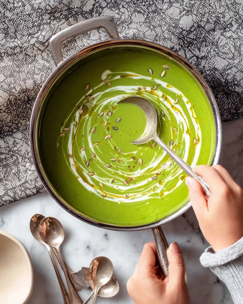 A large shiny silver pot filled with smooth bright green soup with a slightly creamy texture, swirled with thin white cream lines and drizzled with golden olive oil on top, garnished with small light brown seeds scattered in the center. A woman's hand holds the pot handle on the left side, while another woman's hand stirs the soup gently with a silver ladle on the right side. Below the pot are four silver spoons in different shapes and designs, and a white bowl with a beige inside is partially visible. The scene is set on a white marbled surface with a gray and white patterned cloth at the top. Photo taken with an iphone --ar 4:5 --v 7