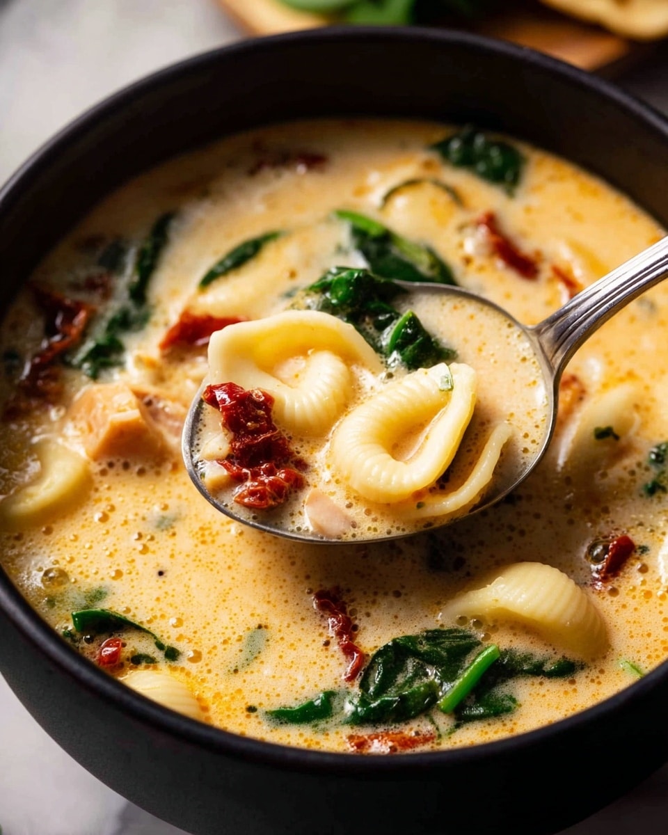 The image shows a close-up of a creamy soup served in a black bowl set on a white marbled surface. The soup has a light orange broth with small bubbles on the surface. Visible in the soup are three main layers: small pieces of white pasta shell floating within the broth, dark green spinach leaves scattered throughout, and small pieces of reddish sun-dried tomatoes adding contrast. A metal spoon is lifting some of the soup, showing the soup layers clearly with the pasta, spinach, and tomato pieces all mixed together in the creamy broth. The focus is sharp on the spoon and bowl, making the textures of the creamy liquid and solid pieces clear. Photo taken with an iphone --ar 4:5 --v 7