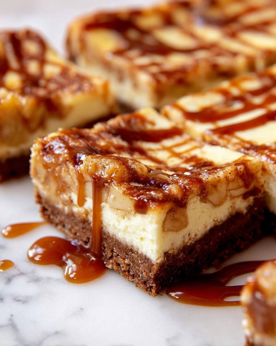 The image shows several square slices of a dessert bar arranged close together on a white marbled surface. Each bar has a creamy light yellow base layer with visible swirls of a darker caramel-colored sauce mixed throughout, creating a marbled effect. On top of each slice, there is a shiny drizzle of rich golden caramel sauce, with some areas sprinkled lightly with coarse salt crystals, adding texture and contrast. The edges of the bars are slightly crumbly and golden brown, suggesting a baked crust. The overall look is gooey and smooth with a mix of light and dark brown colors. Photo taken with an iphone --ar 4:5 --v 7