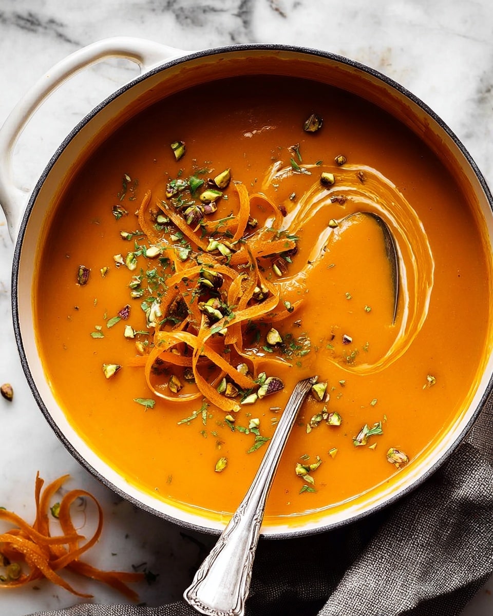 A dark bowl filled with thick, smooth bright orange soup sits on a soft grey cloth over a white marbled surface. The soup is topped with thin, curly carrot ribbons in a slightly darker orange shade, scattered chopped nuts with green and brown hues, and small flecks of green herbs. A silver spoon lifts a scoop of the creamy soup showing its velvety texture and some of the toppings dripping down. Shreds of carrot also lay beside the bowl, adding to the vibrant orange tones. photo taken with an iphone --ar 4:5 --v 7