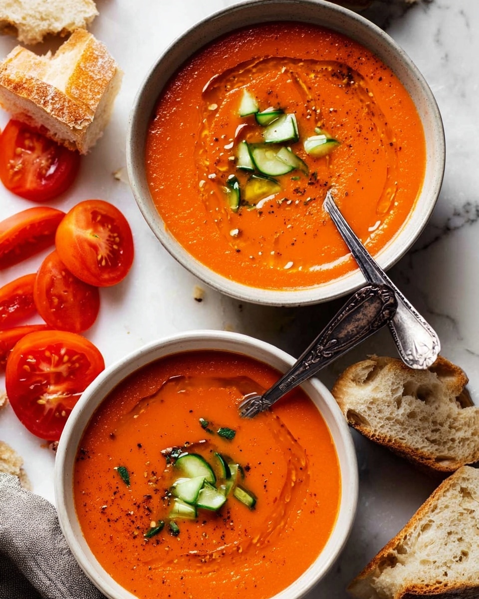 A close-up image of a black bowl filled with thick, creamy orange tomato soup, topped with small green herb pieces and a drizzle of oil. A woman's hand is dipping a piece of crusty, airy bread with a light golden-brown crust into the soup, soaking it up. In the background, blurred slices of fresh tomatoes rest on a white marbled surface. The scene highlights the rich texture of the soup and the bread's crunchiness. photo taken with an iphone --ar 4:5 --v 7