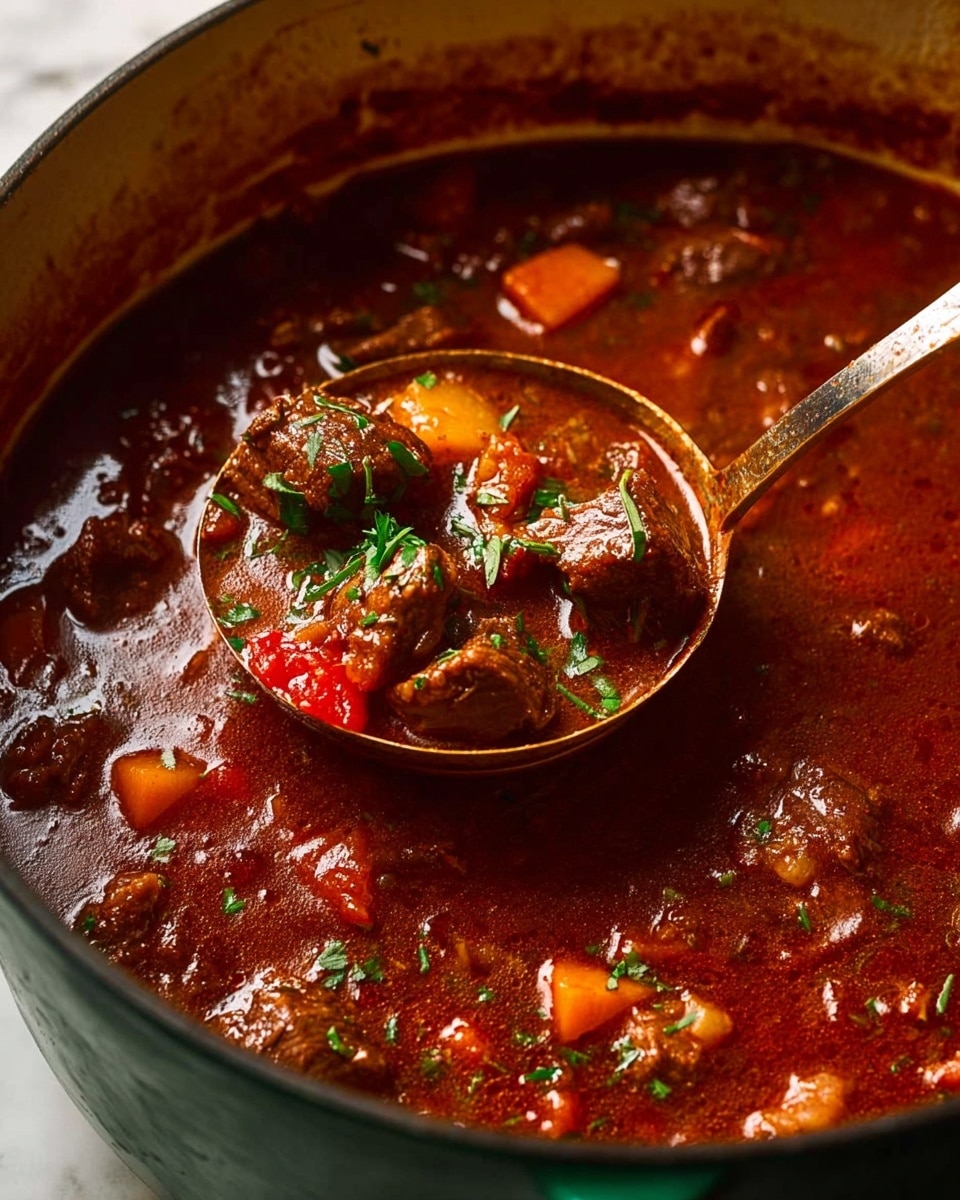 A close-up view of a rich, chunky stew with a deep reddish-brown color, filled with tender pieces of beef, diced orange carrots, and small bits of red peppers, all coated in a thick, glossy sauce. The stew is in a large round pot with a dark green outer rim, and a ladle lifts a spoonful filled with several pieces of beef and vegetables, sprinkled with chopped green herbs on top. The surface around the pot is white marbled texture. Photo taken with an iphone --ar 4:5 --v 7