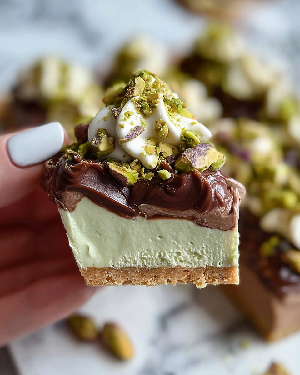 A close-up shot shows a piece of graham cracker held by a woman's hand with white nail polish, topped with several creamy layers. The bottom layer is smooth light brown, followed by a thick swirl of dark, glossy chocolate. Above this is a pale green, creamy layer, which looks soft and thick. On top sits a dollop of white cream with small chunks of similar green cream mixed in. The whole topping is sprinkled generously with crushed green pistachio nuts. The background is a white marbled texture with more of the topped cracker pieces visible but out of focus. Photo taken with an iphone --ar 4:5 --v 7