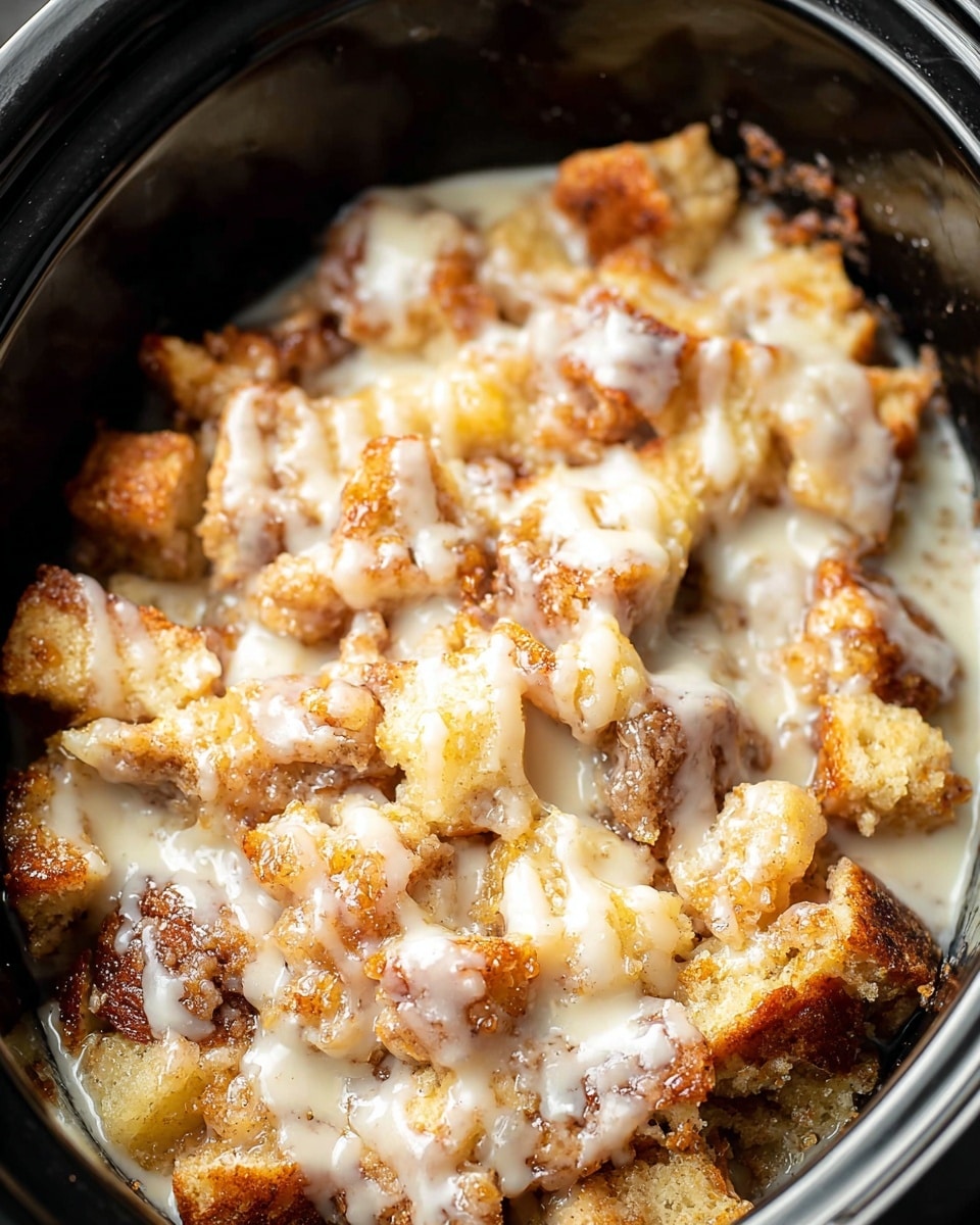The image shows a close-up of a dessert in a dark slow cooker. The dessert has one main layer of chunky, golden brown baked dough pieces coated with a generous amount of shiny, creamy white glaze drizzled unevenly on top. The dough appears soft with some crisp edges and a slightly crumbly texture. Around the edges, browned bits and melted glaze create a sticky, moist look. The slow cooker insert is visible, while the background surface is not seen clearly. photo taken with an iphone --ar 4:5 --v 7