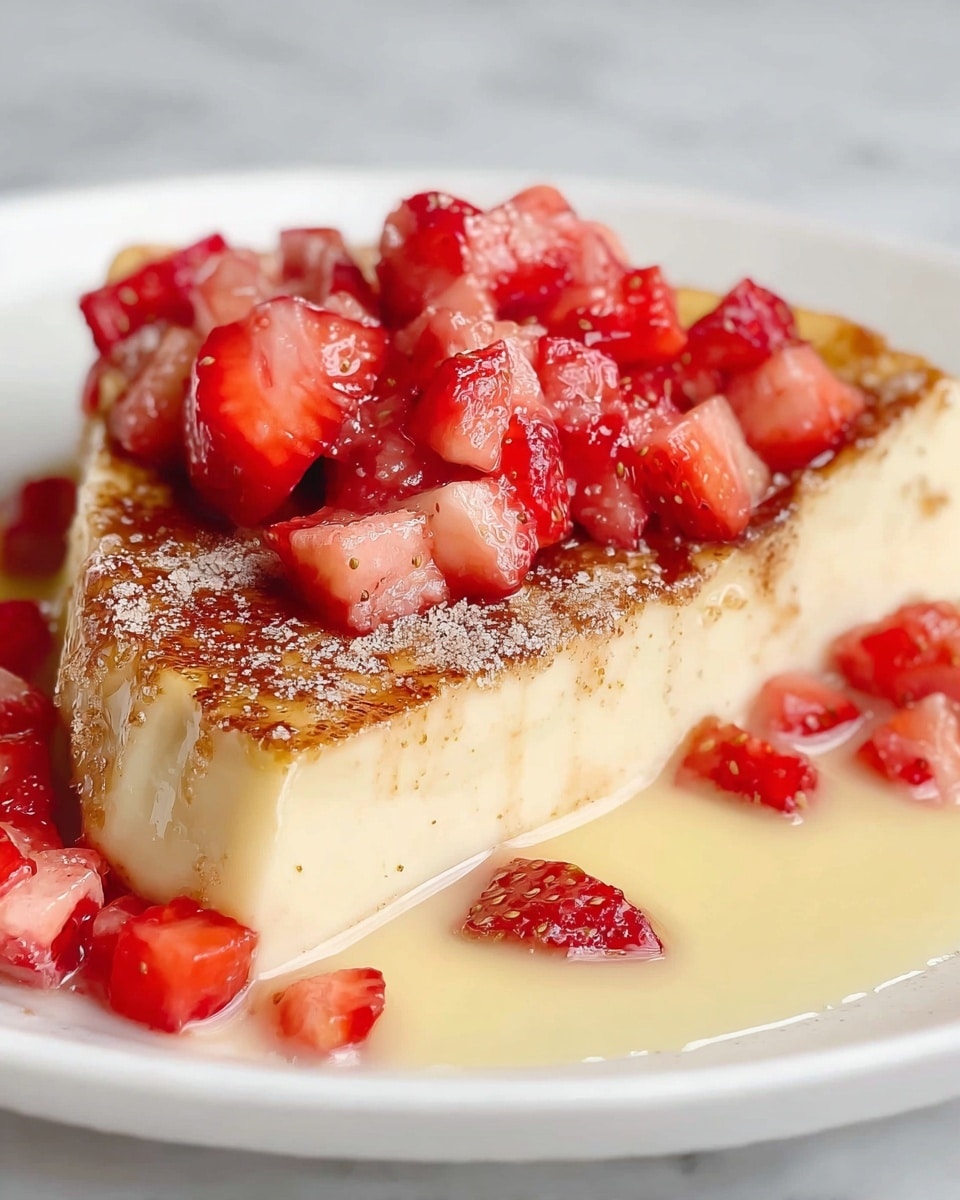 A close-up of a thick, creamy slice of custard with a light golden brown top sprinkled with fine cinnamon and sugar, placed at the center of a white plate. On top of the custard, there is a pile of bright red, chopped strawberries covered in a glossy white glaze. Around the base of the custard slice, more chopped strawberries rest in a small pool of pale yellow syrup, creating a colorful contrast against the smooth custard and clean white plate. The photo is taken on a white marbled surface. photo taken with an iphone --ar 4:5 --v 7
