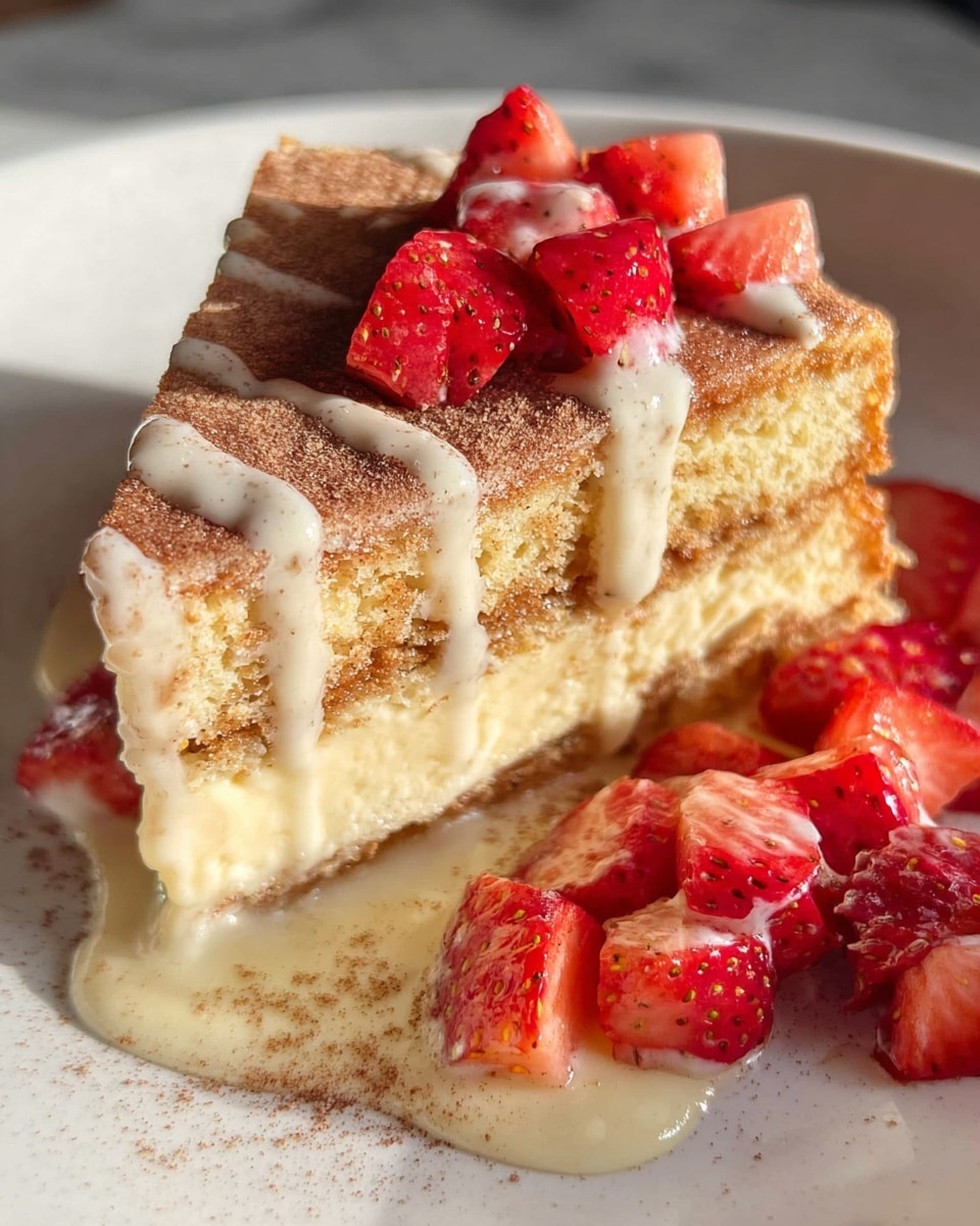 A close-up shot of a thick slice of cake on a white plate with a white marbled texture surface, showing three layers: a light golden brown base, a thick creamy yellow middle layer, and a dusted brown top layer coated with cinnamon sugar. Drizzled over the cake is a pale creamy sauce that also pools slightly on the plate. On top and to the side of the cake are bright red chopped strawberries, some coated lightly with the same creamy sauce. The sunlight highlights the textures of the cake and strawberries. Photo taken with an iphone --ar 4:5 --v 7
