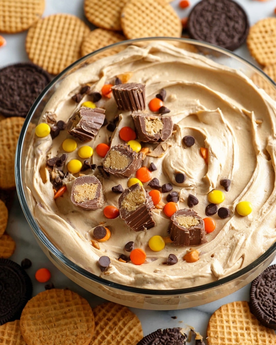 A clear glass bowl filled with a thick, creamy light tan dip that has a smooth texture with swirled peaks on the surface. On top of the dip scattered pieces of small round peanut butter cups, some whole and some cut in halves or chunks, show a chocolatey brown outer layer with a light peanut butter filling inside. Tiny dark chocolate chips and small colorful candy-coated chocolate pieces in orange and yellow are sprinkled evenly over the dip. The bowl sits on a white marbled surface surrounded by golden waffle cookies and round chocolate-covered cookies. Photo taken with an iphone --ar 4:5 --v 7