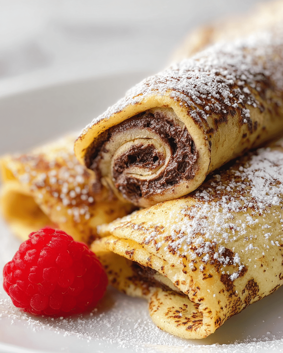 The image shows two rolled crepes stacked on a white plate with a white marbled surface background. The top crepe is cut at one end, revealing a dark chocolate filling swirled inside with visible layers of soft, spongy crepe that is light golden with specks of darker spots. Both crepes are dusted with powdered sugar on their slightly textured surfaces, giving a light white contrast. At the bottom left of the plate, a fresh, bright red raspberry sits, adding a pop of color and a smooth, bumpy texture. The photo captures the close-up detail of the crepes and the raspberry with soft lighting. photo taken with an iphone --ar 4:5 --v 7